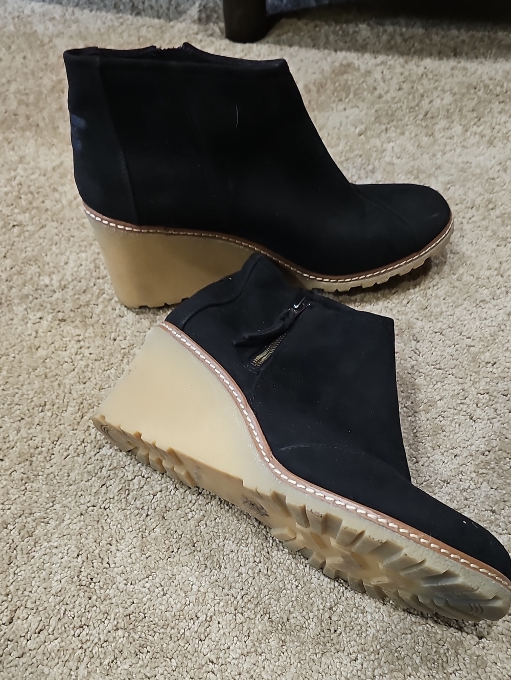 Toms Black Wedge Ankle Booties with Tan Wedge Suede Leather